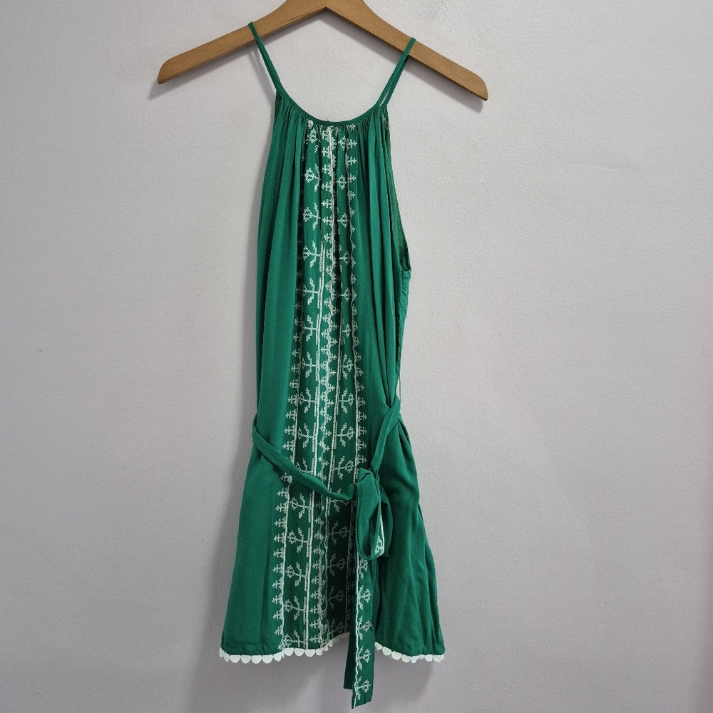 Miami Green Embroidered Mini Dress With Embroidered Belt Cross Stitch Large